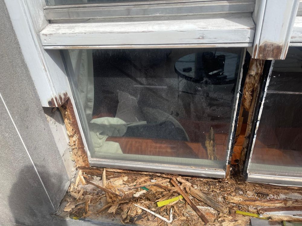Kozijn met zware houtrot onder het glas, rotte delen uitgehakt