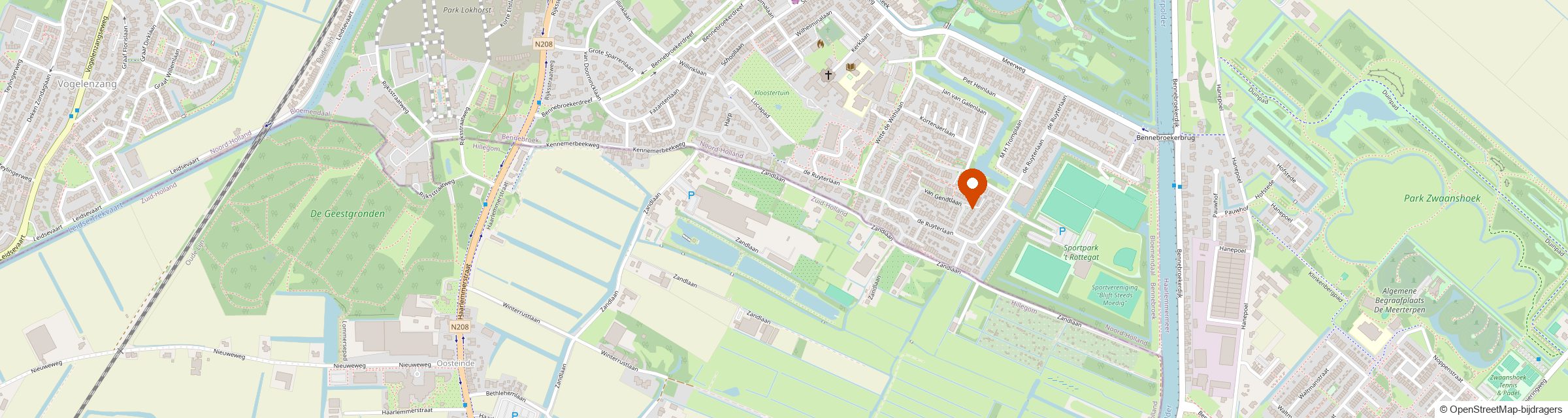 Kaart van Bennebroek met de locatie van S.B.R.A. Bouw aan de Van Gendtlaan 11